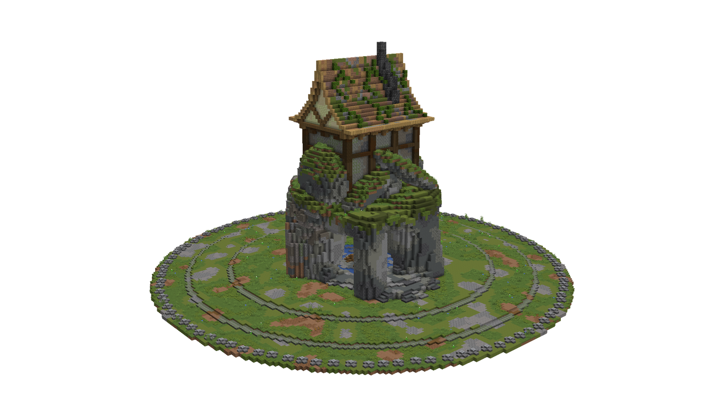 showcasing the 1st single corncuopia. A large house ontop of a rock formation surrounded by spawn podiums